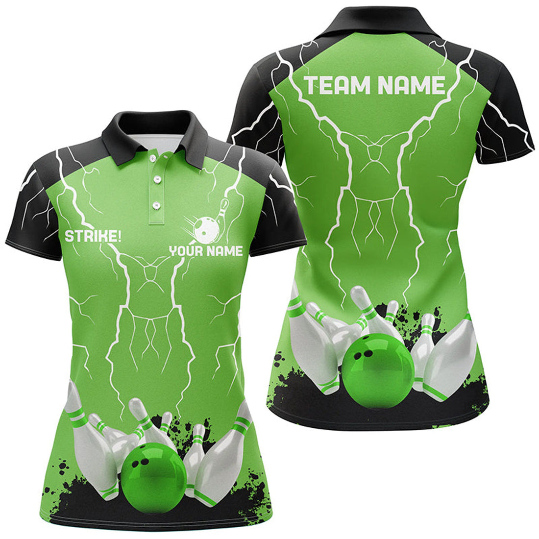 Custom Women Bowling Polo Shirt Custom Bowling Strike Lightning Storm Thunder Team League Jersey | Green