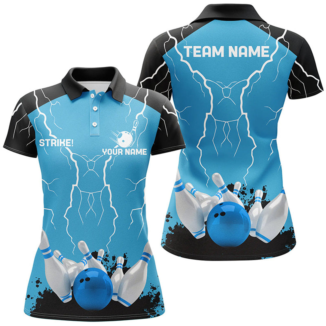 Custom Women Bowling Polo Shirt Custom Bowling Strike Lightning Storm Thunder Team League Jerseys | Blue