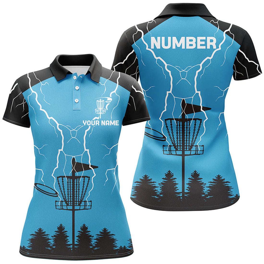 Custom Womens disc golf polo shirt blue lightning storm custom name frisbee golf shirt, disc golf gifts