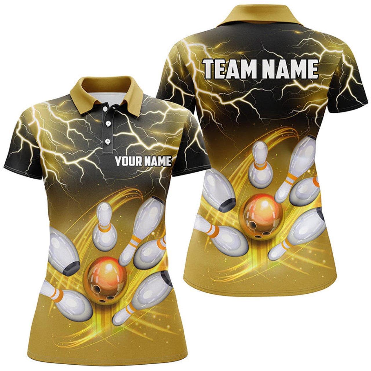Custom Women Bowling Polo Shirt Custom Black Yellow Bowling Lightning Thunder Team Bowling League Jerseys