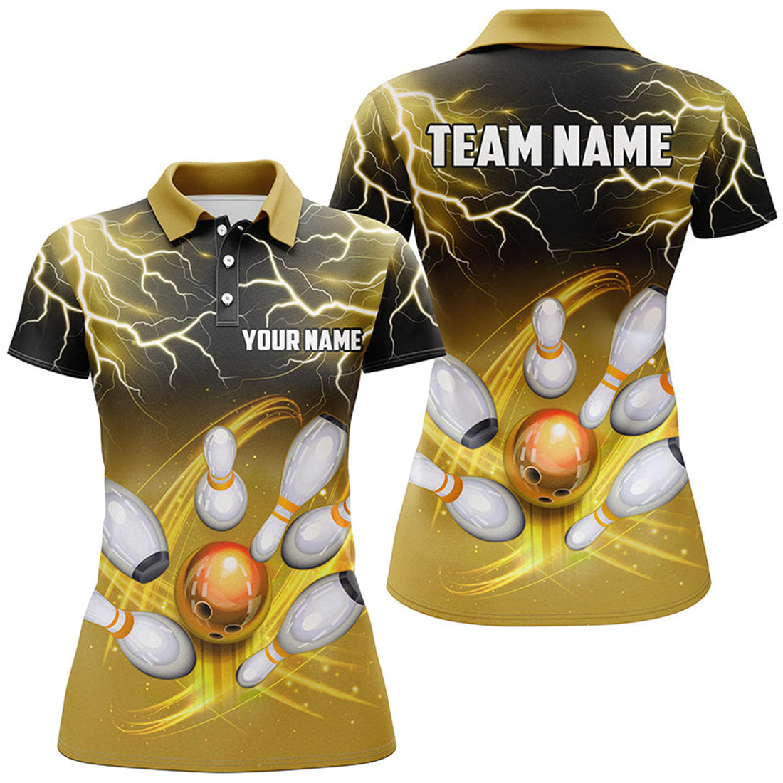 Custom Women Bowling Polo Shirt Custom Black Yellow Bowling Lightning Thunder Team Bowling League Jerseys