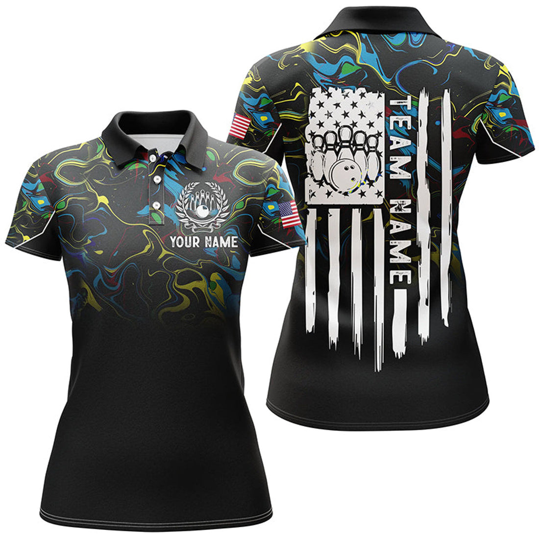 Custom Colorful Camo Women Bowling Polo Shirt Custom American Flag Patriotic Bowling Team League Jerseys