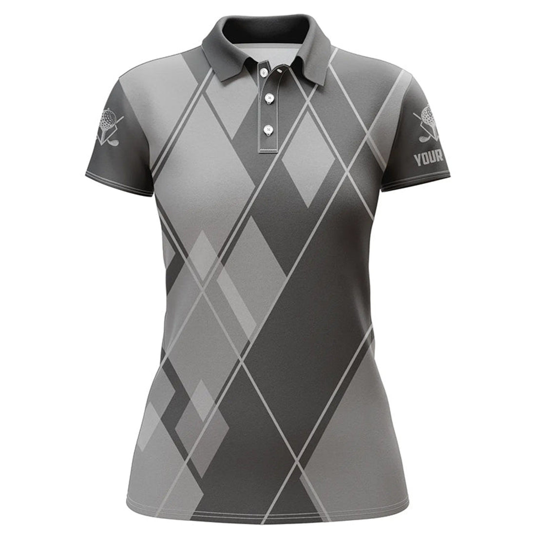Custom Gray Argyle Pattern Custom Womens Golf Polo Shirts, Ladies Golf Tops Golfing Gifts