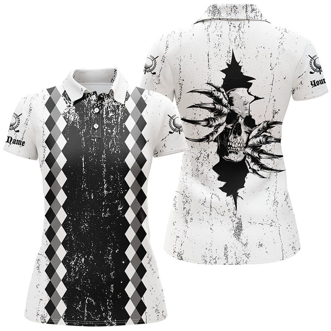 Custom Women Golf Polo Shirts Custom Black And White Grunge Argyle Pattern Skull Golf Outfits For Ladies