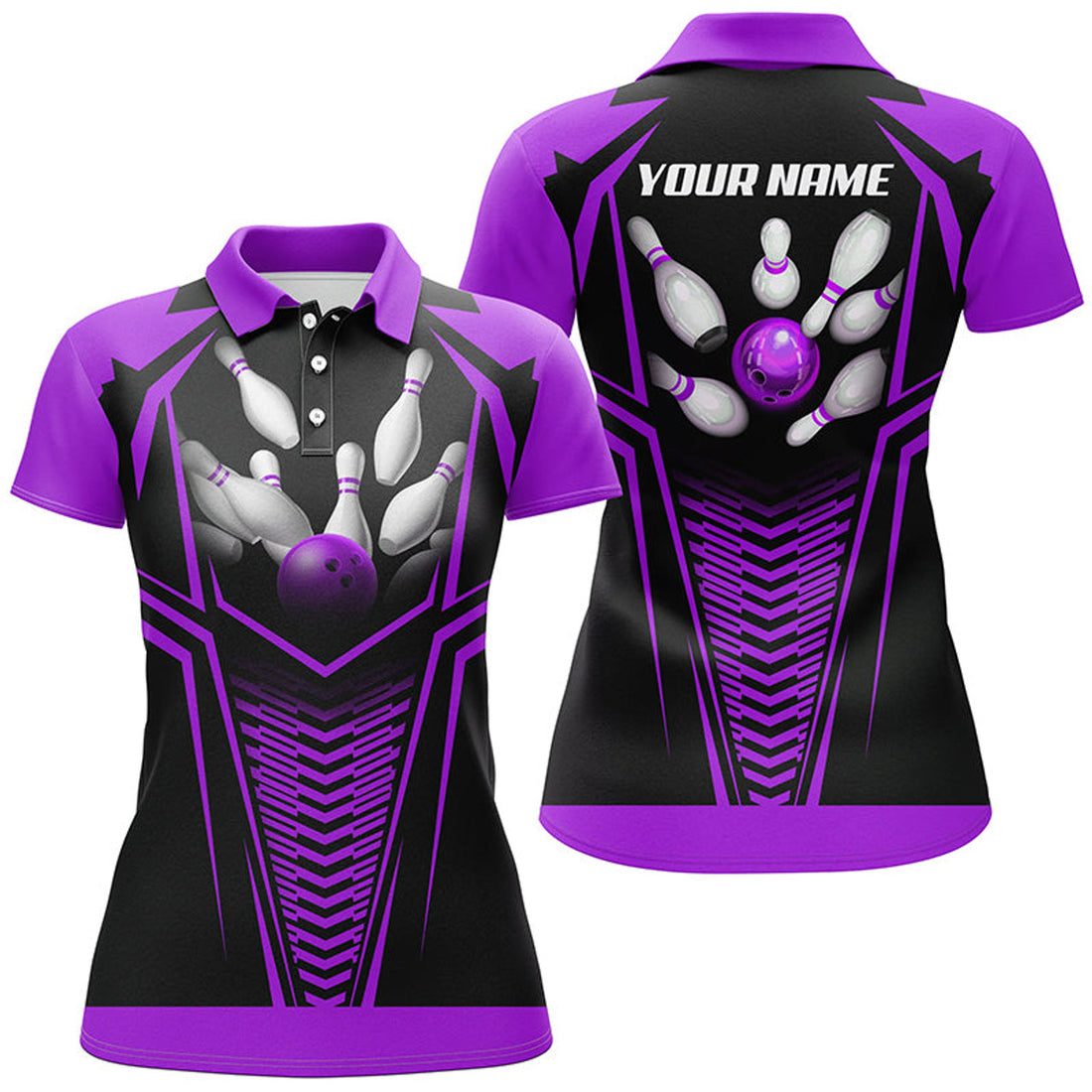 Custom Women Bowling Polo, Custom Purple And Black Bowling Ball And Pins Bowling Jerseys