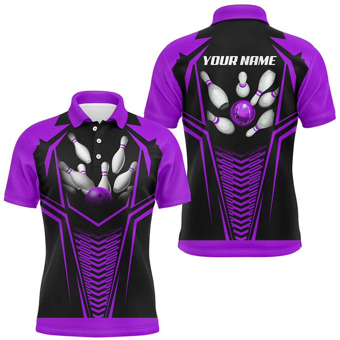 Custom Men Bowling Polo, Custom Purple And Black Bowling Ball And Pins Bowling Jerseys