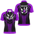 Custom Men Bowling Polo, Custom Purple And Black Bowling Ball And Pins Bowling Jerseys
