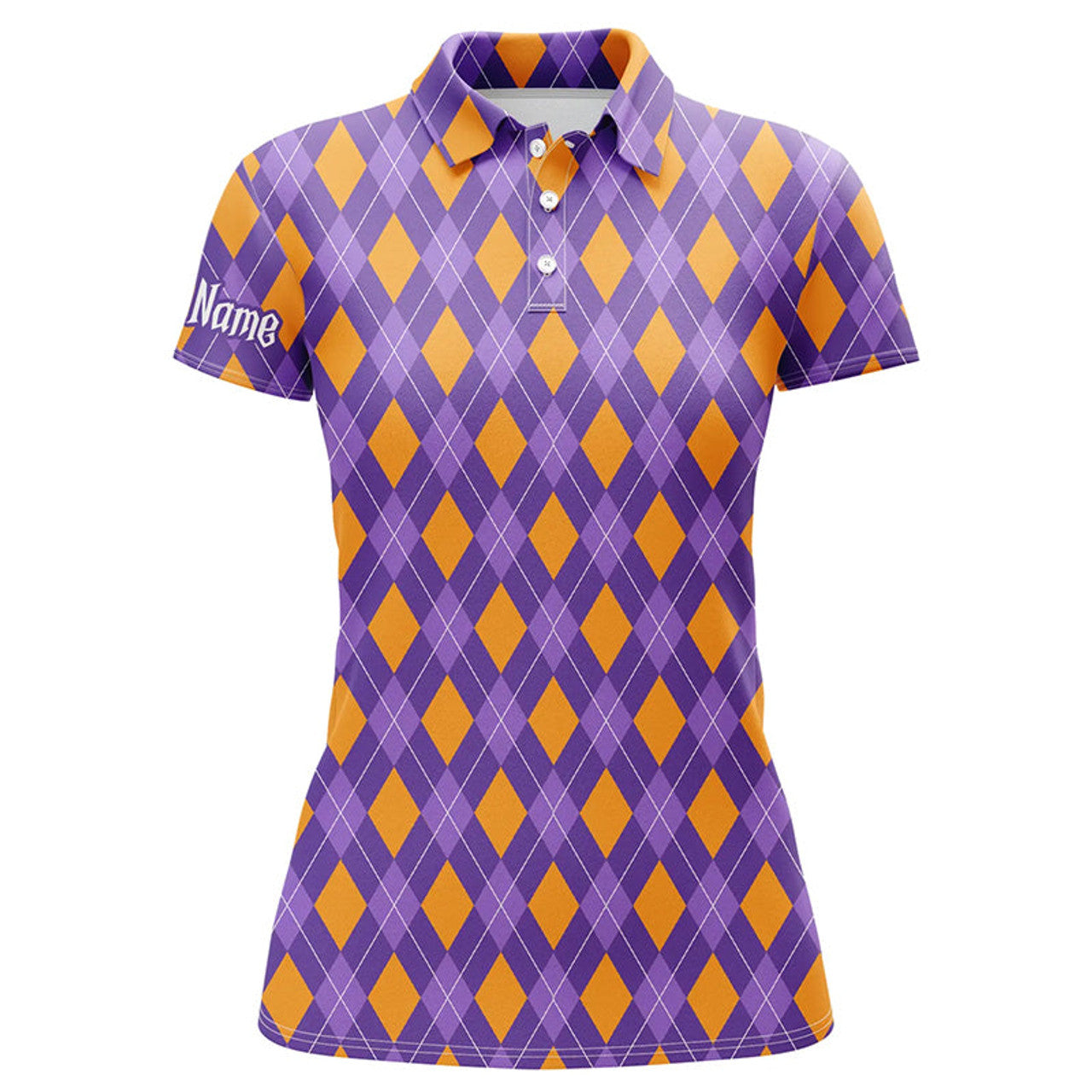 Custom Orange and Purple argyle Halloween pattern custom Womens golf polo shirts, golf attire for women