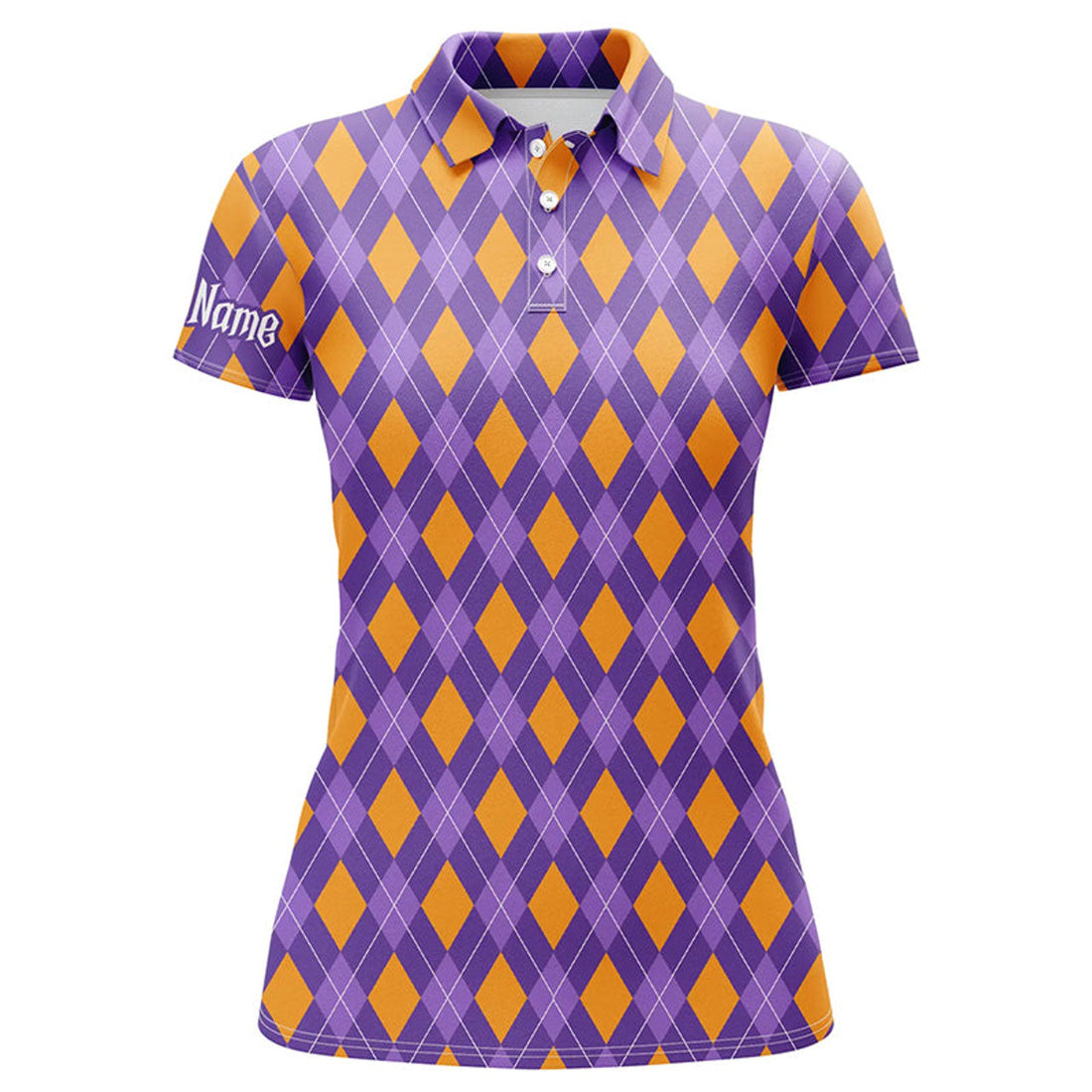 Custom Orange and Purple argyle Halloween pattern custom Womens golf polo shirts, golf attire for women