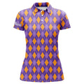 Custom Orange and Purple argyle Halloween pattern custom Womens golf polo shirts, golf attire for women
