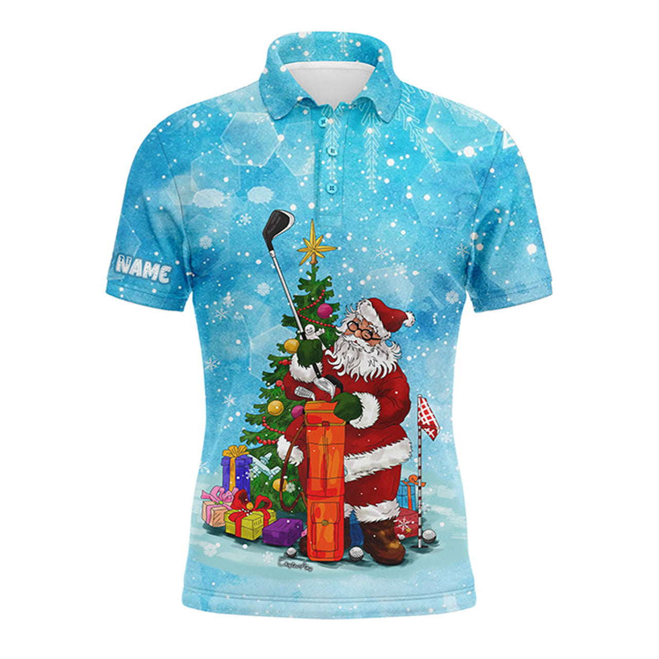 Custom Golf Men Polo Shirt - Custom Name Christmas Blue Snow Winter Santa Golfer Apparel - Personalized Gift For Golf Lover, Team, Husband, Boyfriend