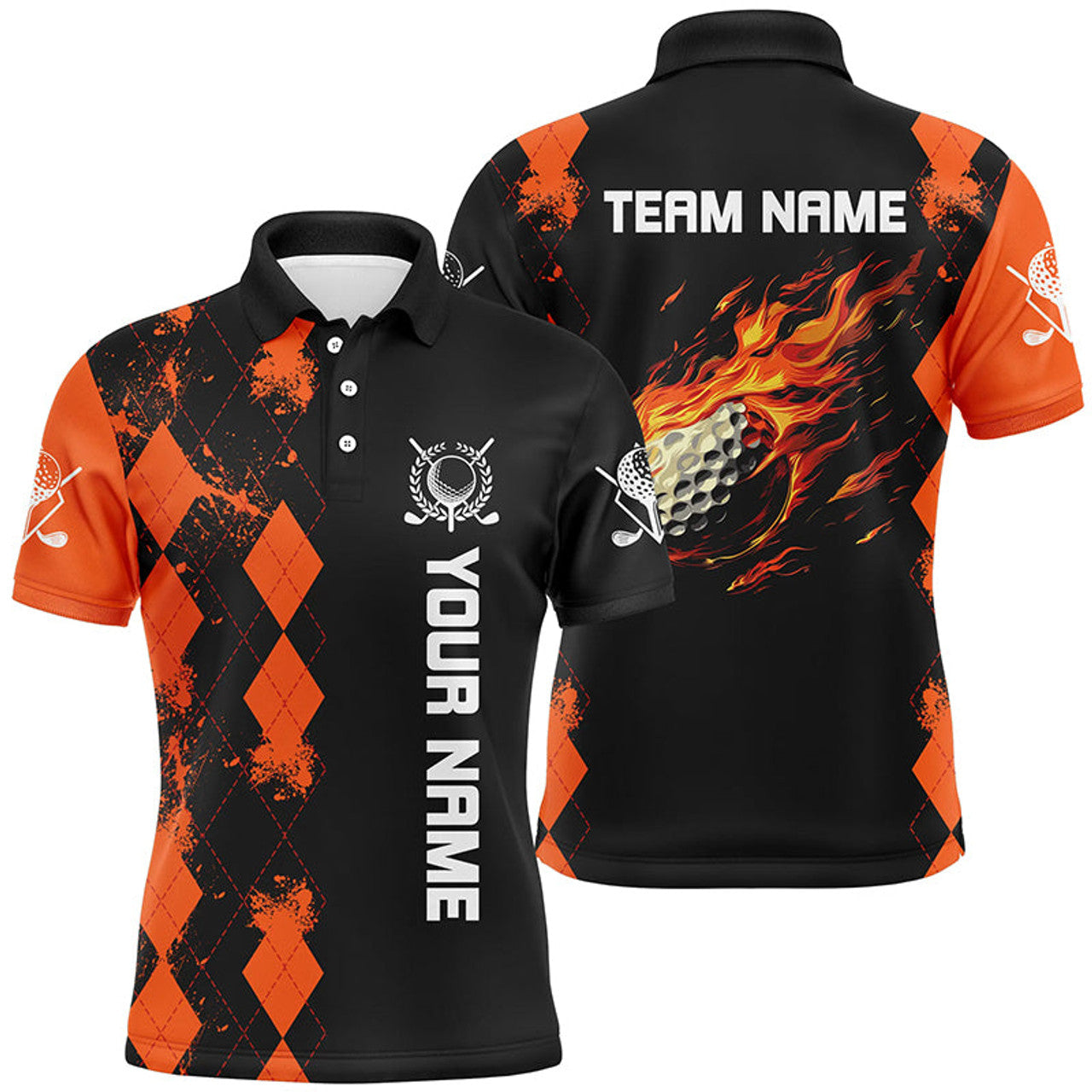 Custom Black Mens golf polo shirts custom orange argyle pattern flame golf ball golf tops for mens