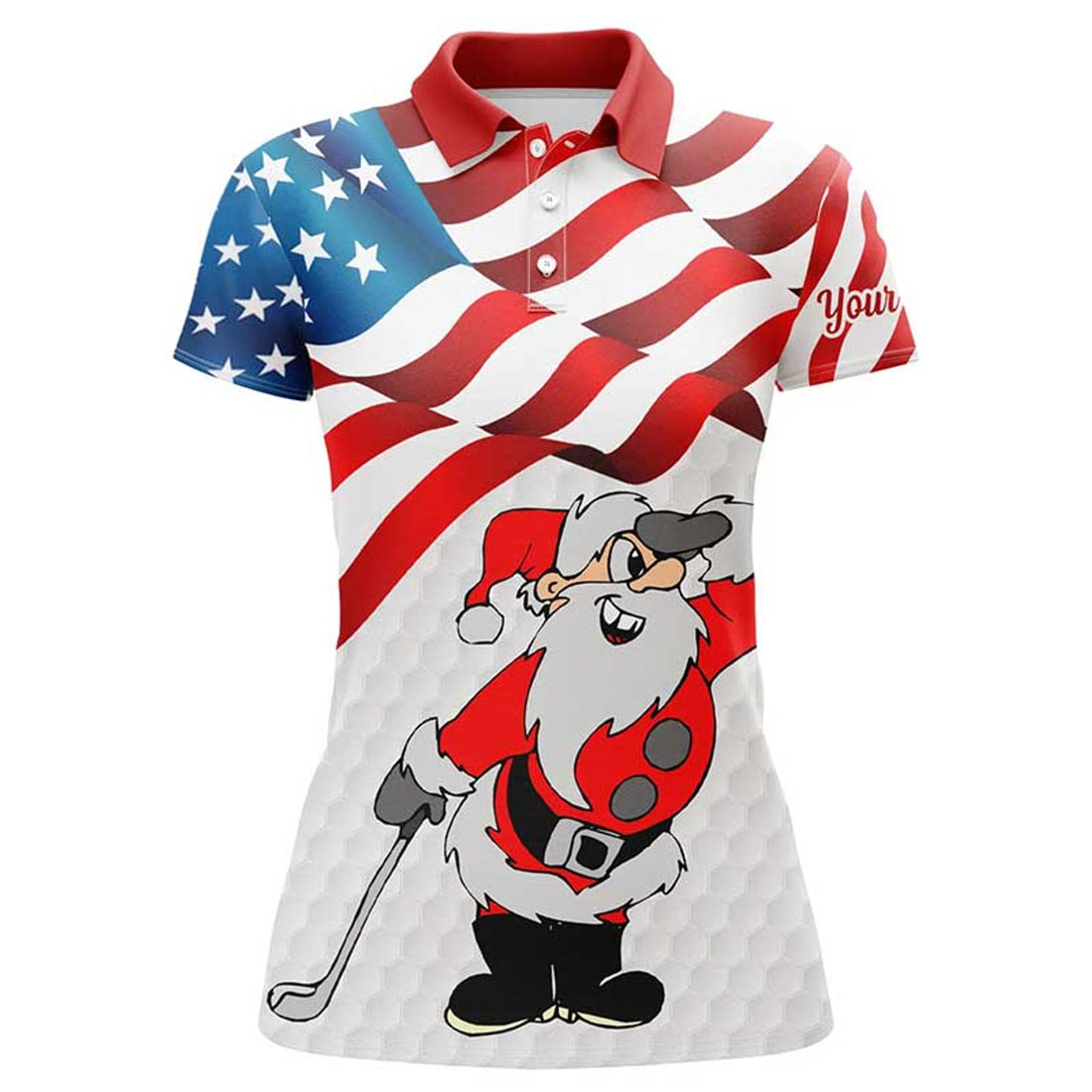 Custom Christmas Santa American Flag Patriotic Custom Women Golf Polo Shirts, Xmas Us Flag Golf Shirts Ladies