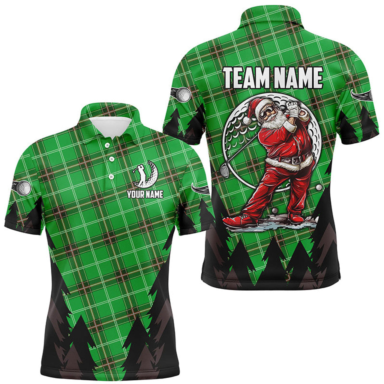 FUNSTUFFPRINT Green Argyle Pattern Santa Golfer custom Mens golf polo shirts, Christmas best team golf Polo Shirt Size S-5XL