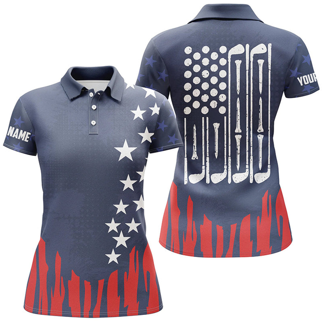 Custom Red White And Blue American Flag Womens Golf Polo Shirt Custom Patriotic Women's Golf Outfits