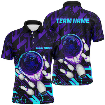 Custom Mens Bowling polo shirts Custom purple blue abstract Bowling Team league Jerseys, bowling gifts