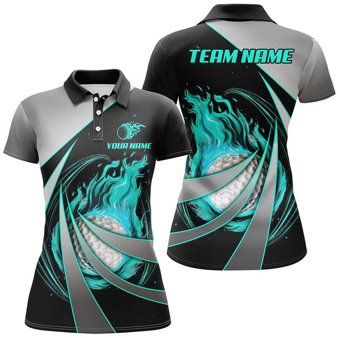 Custom Womens Golf Polos Shirts Custom Flame Golf Ball Shirts For Women, Personalized Golf Gifts | Cyan Blue
