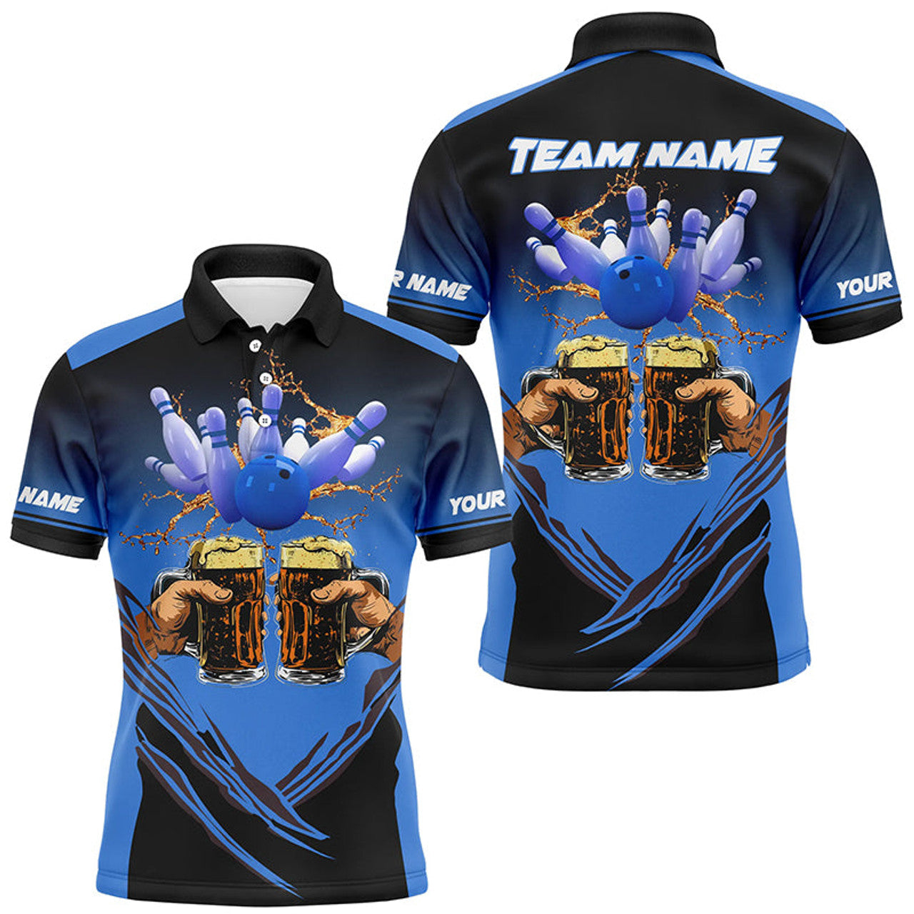 FUNSTUFFPRINT Bowling Beer Black and Blue Bowling Polo Shirt Size S-5XL
