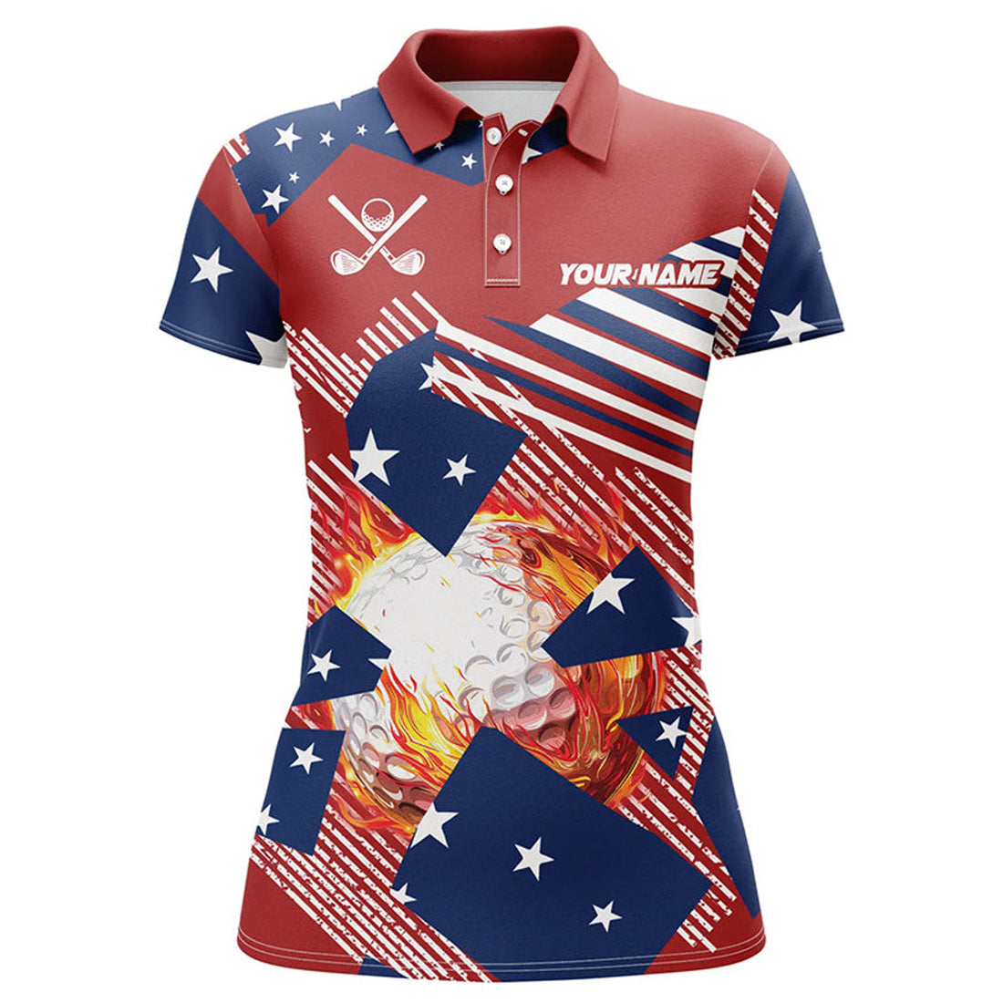 Custom Red, White And Blue American Flag Flame Golf Ball Custom Womens Golf Polo Shirts, Golf Gifts For Women