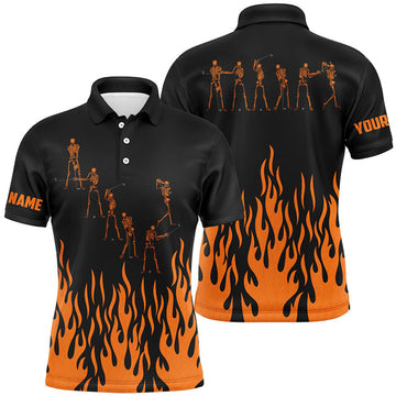 FUNSTUFFPRINT Orange flame golf skeleton custom black Mens golf Polo Shirt Size S-5XL