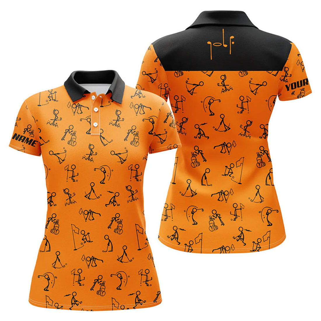Custom Womens Golf Polo Shirts Custom Funny Golf Pattern, Black Orange Polo Shirt Golf Outfit Women Golf Tops