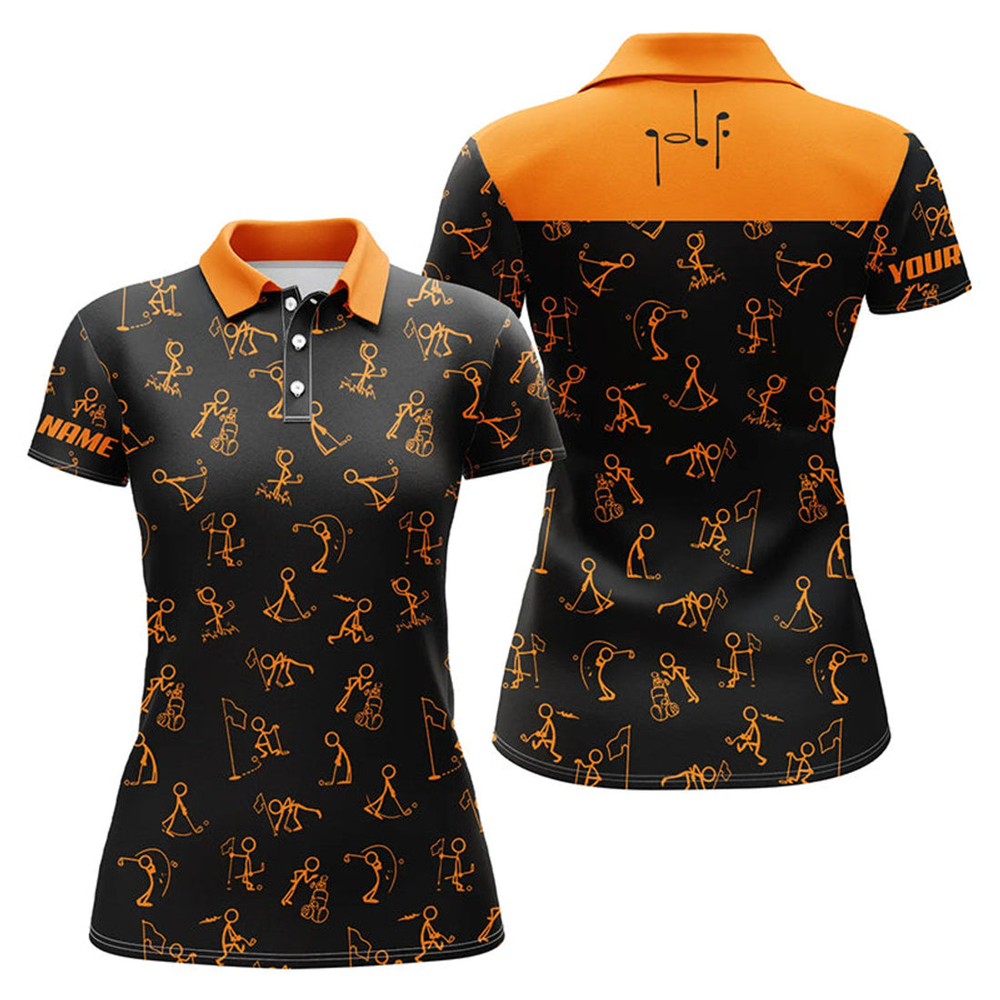 Custom Womens Golf Polo Shirts Custom Funny Golf Pattern, Black Orange Polo Shirt Golf Outfit Women Golf Tops
