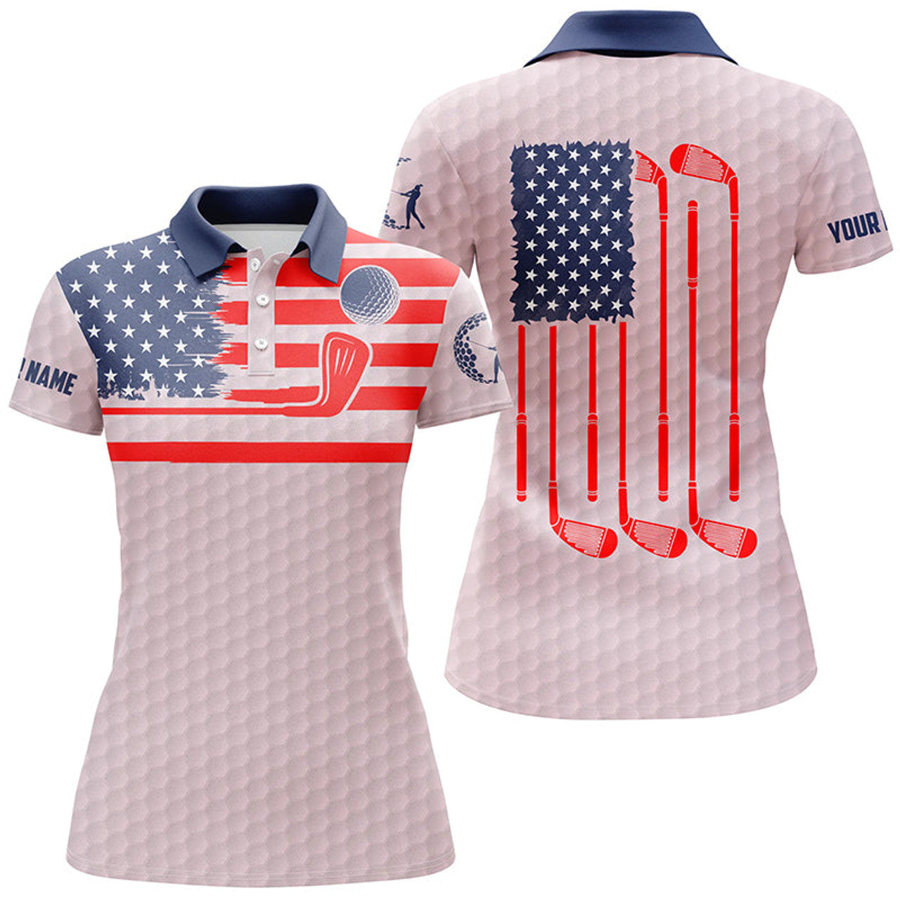 Custom American Flag Patriotic Womens Golf Polo Shirt Custom Name Pink Golf Polo Shirt, Unique Golf Gifts