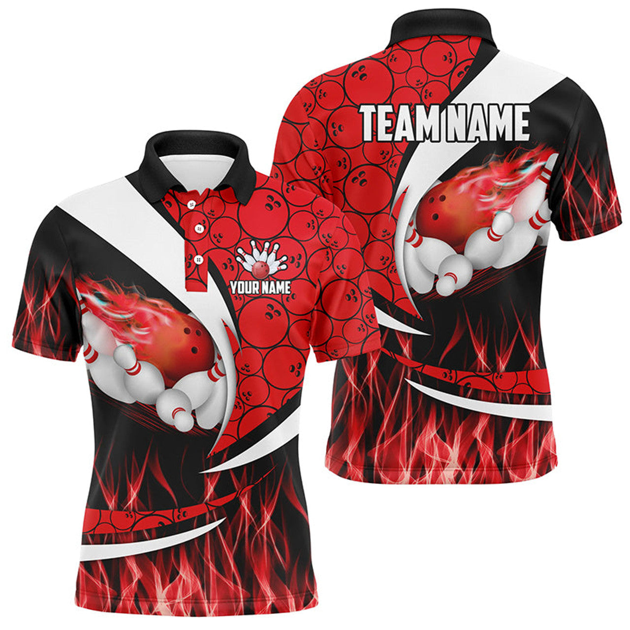FUNSTUFFPRINT Red Flame Bowling Camo Bowling Polo, For Men Custom Bowling Team Polo Shirt Size S-5XL