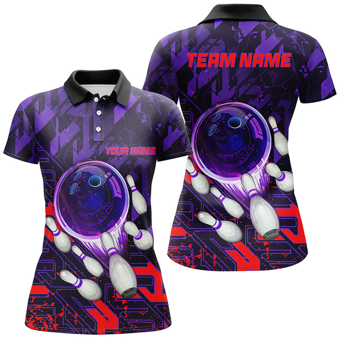 Custom Women Bowling Polo Shirts Custom Purple Red Abstract Bowling Team League Jerseys, Bowling Gifts