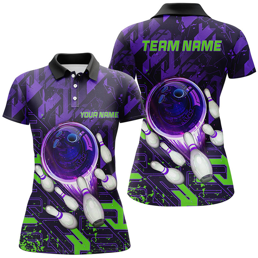 Custom Women Bowling Polo Shirts Custom Purple Green Abstract Bowling Team League Jerseys, Bowling Gifts