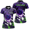 Custom Women Bowling Polo Shirts Custom Purple Green Abstract Bowling Team League Jerseys, Bowling Gifts