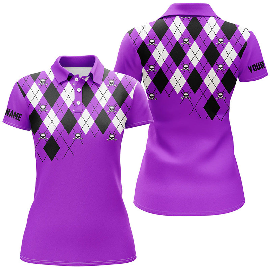 Custom Womens Golf Polo Shirt Purple Argyle Plaid Golf Skull Pattern Custom Ladies Purple Golf Tops