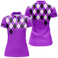 Custom Womens Golf Polo Shirt Purple Argyle Plaid Golf Skull Pattern Custom Ladies Purple Golf Tops