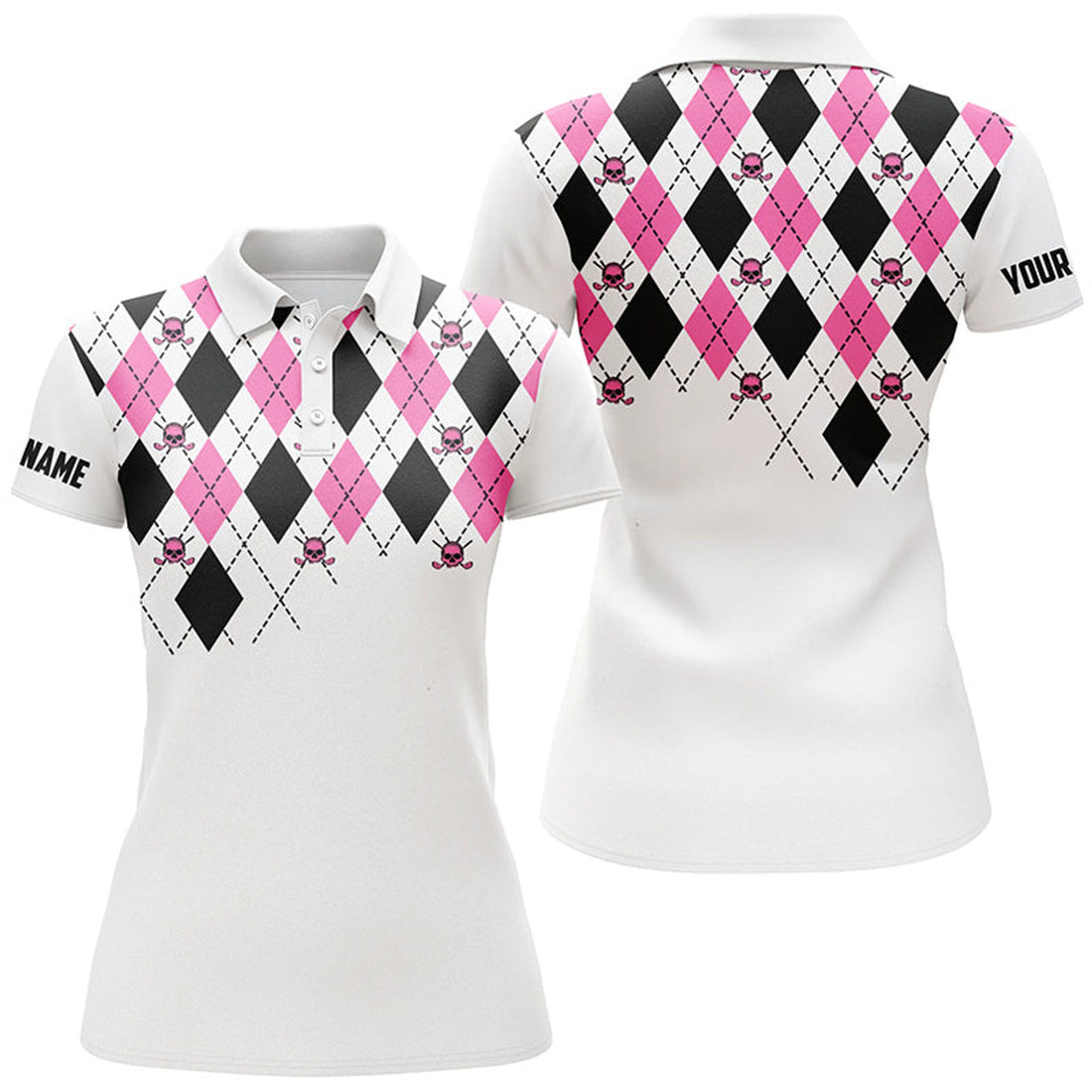 Custom Womens Golf Polo Shirt Pink And Black Argyle Plaid Golf Skull Pattern Custom White Ladies Golf Tops