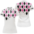 Custom Womens Golf Polo Shirt Pink And Black Argyle Plaid Golf Skull Pattern Custom White Ladies Golf Tops