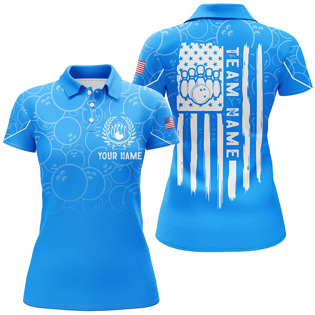 Custom Blue Bowling Camo Women Bowling Polo Shirt Custom American Flag Patriotic Bowling Team League Jerseys