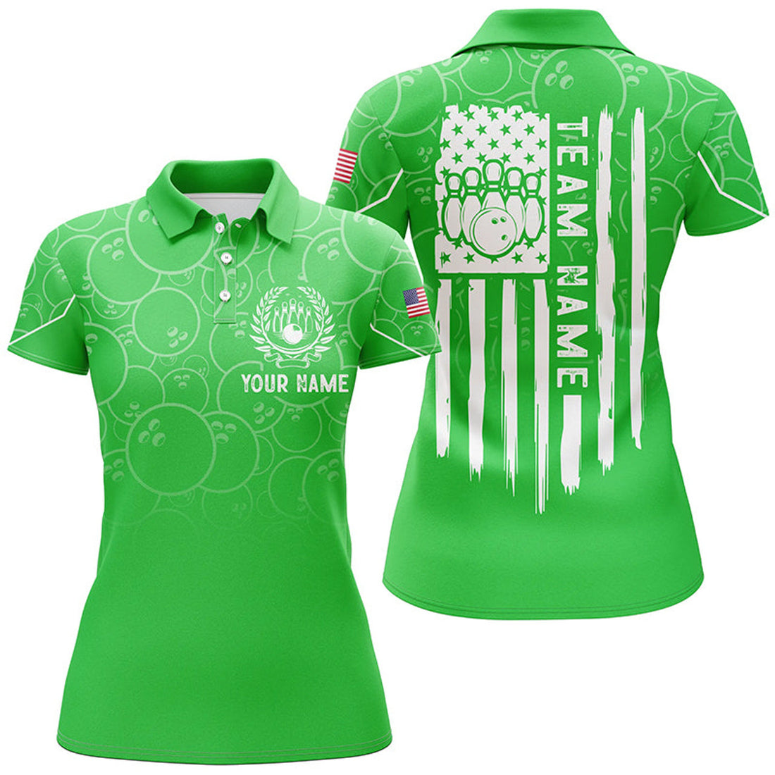 Custom Green Bowling Camo Women Bowling Polo Shirt Custom American Flag Patriotic Bowling Team League Jerseys