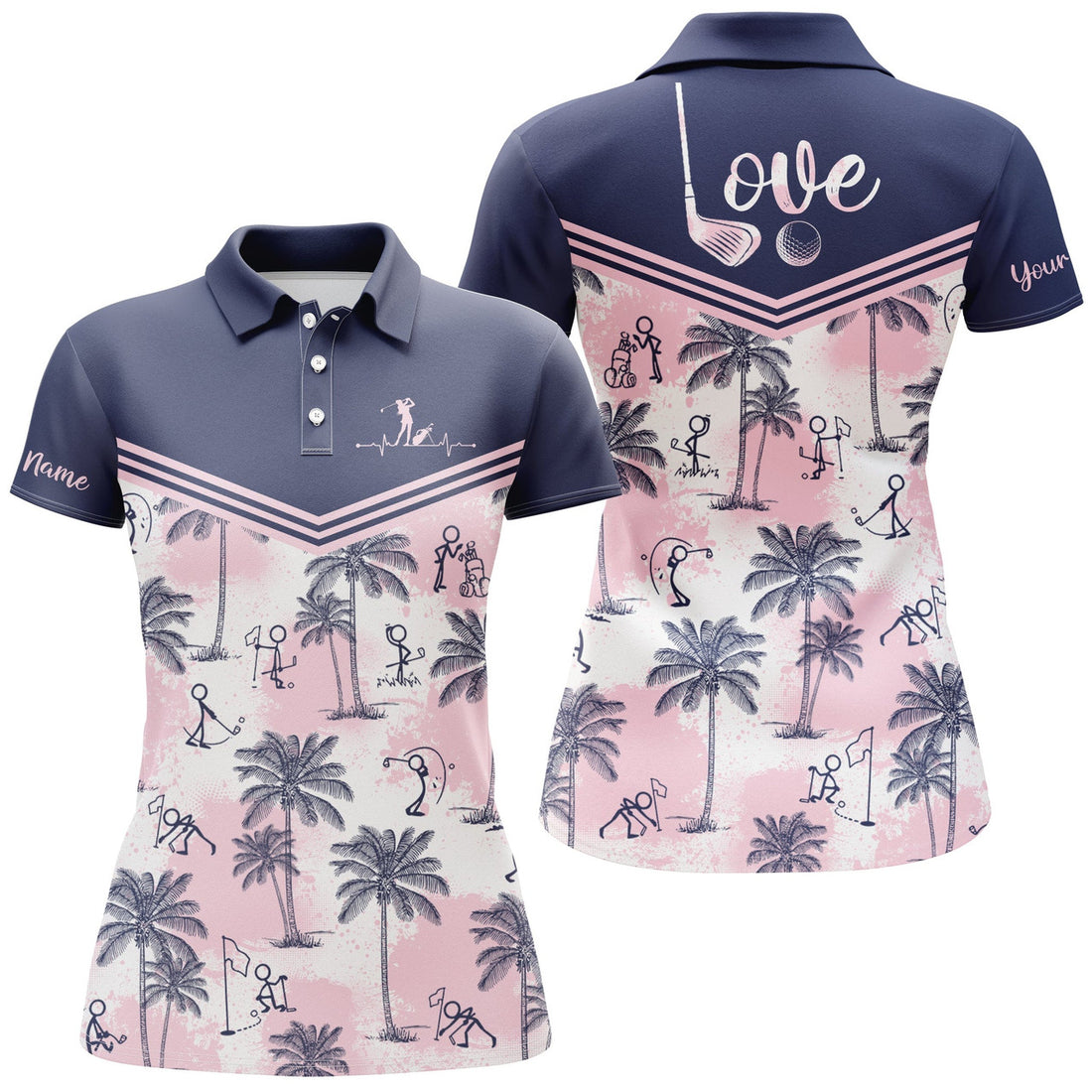 Custom Women Golf Polo Shirt Pink Tropical Pattern Custom Name Love Golf Polo Shirts Gift For Women