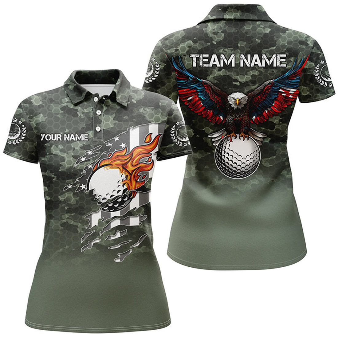 Custom Green Camo American Flag Eagle Golf Ball Custom Patriotic Womens Golf Polo Shirts, Unique Golf Gifts