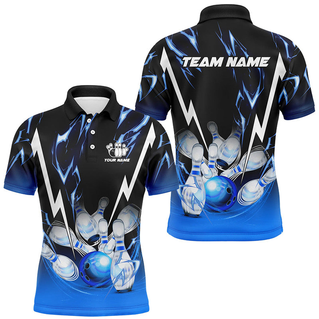 FUNSTUFFPRINT Black and Blue Lightning thunder Custom Bowling Polo Shirt Size S-5XL