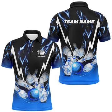 FUNSTUFFPRINT Black and Blue Lightning thunder Custom Bowling Polo Shirt Size S-5XL
