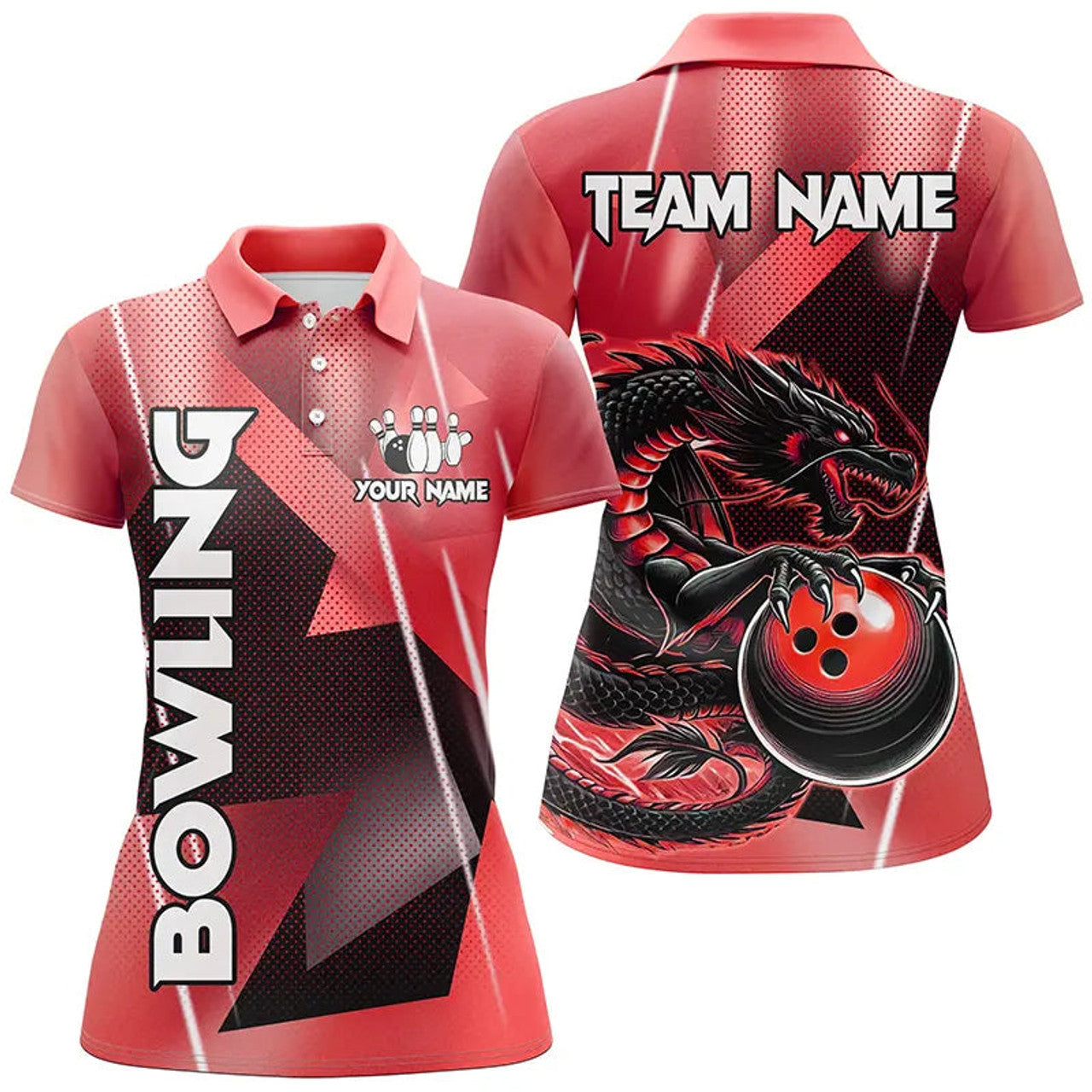 Custom Black And Red Custom Dragon Bowling Shirts For Women, Dragon Bowling Team Shirts