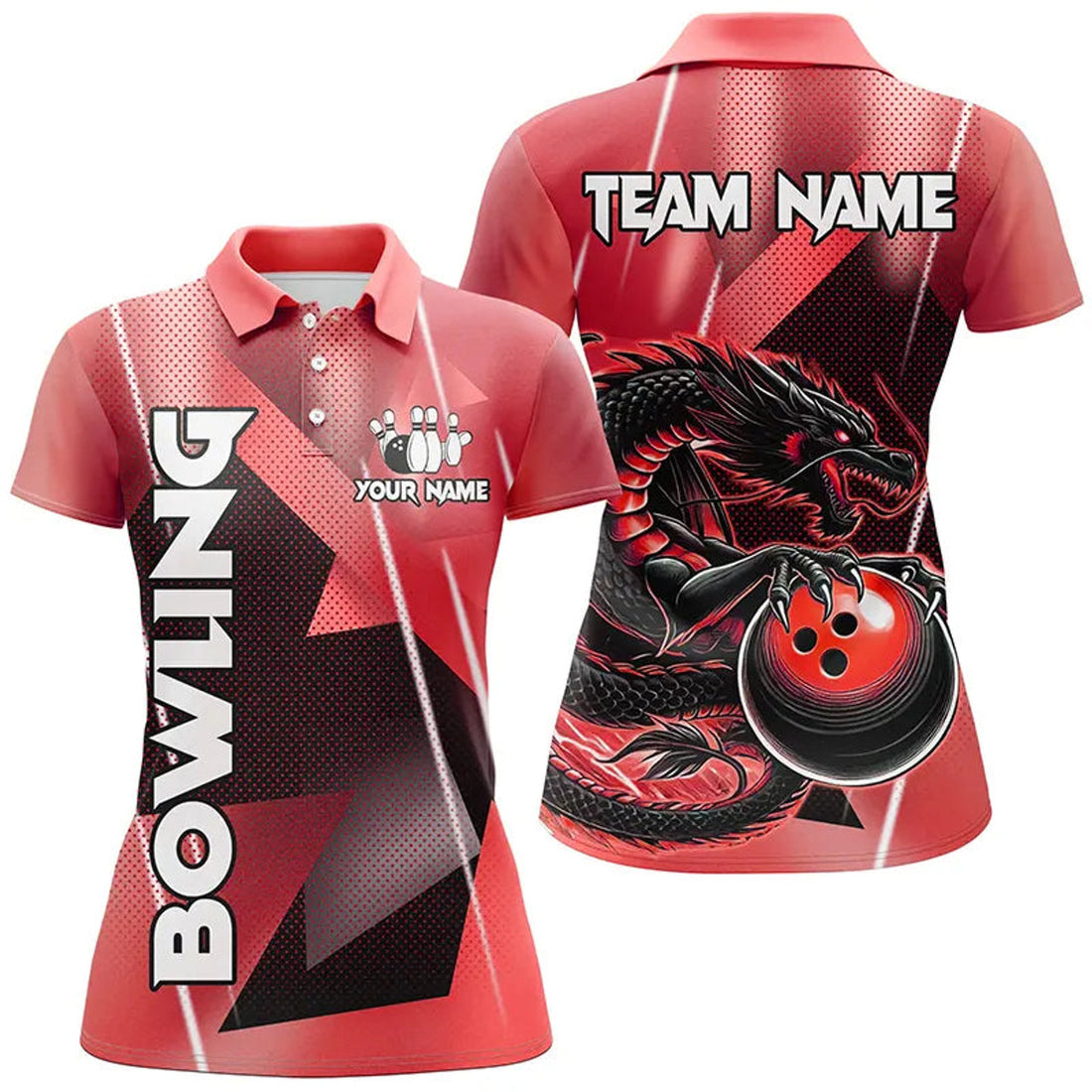 Custom Black And Red Custom Dragon Bowling Shirts For Women, Dragon Bowling Team Shirts