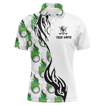 FUNSTUFFPRINT White and Green Flame Golf Ball pattern Mens golf Polo Shirt Size S-5XL