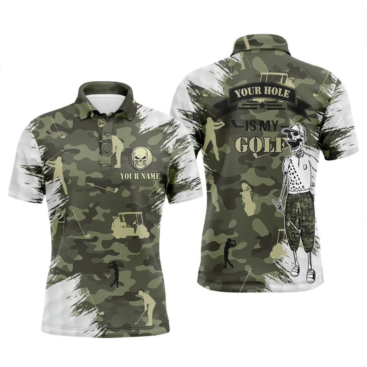 Custom Golf Men Polo Shirt - Funny Skull Green Camo Custom Name Apparel - Personalized Gift For Golf Lover, Team, Husband, Men - Your Hole Is My Goal