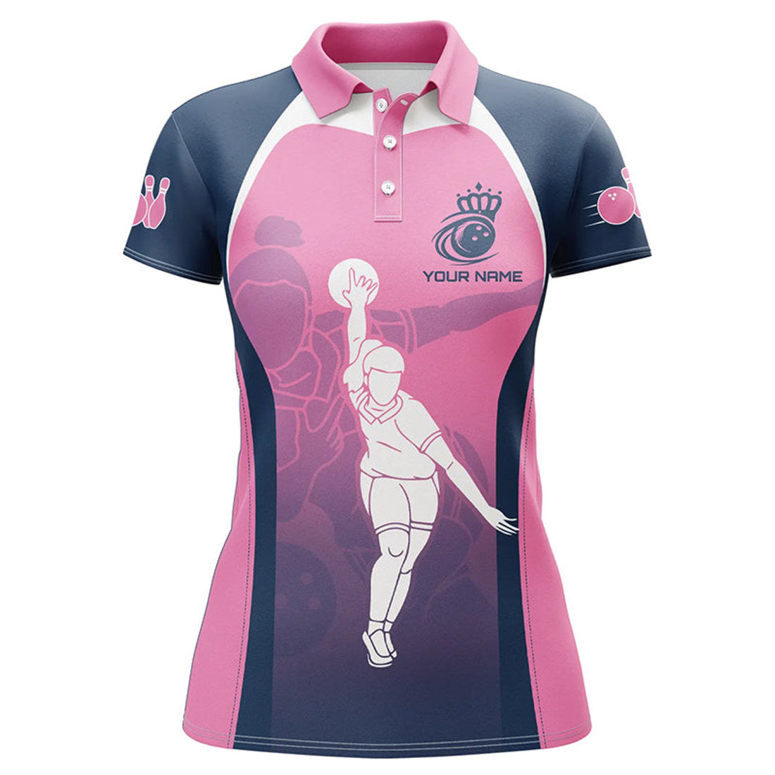 Custom Blue And Pink Women Bowling Polo Shirts Custom Bowling Team Shirts, Personalized Bowling Jerseys