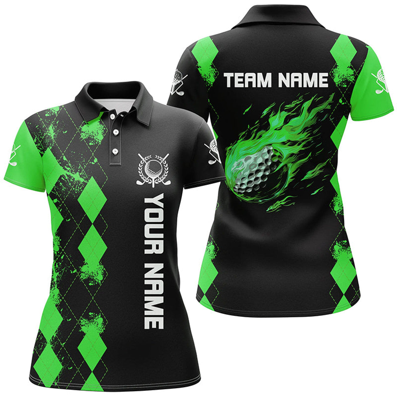 Custom Black Womens Golf Polo Shirts Custom Green Argyle Pattern Flame Golf Ball Golf Tops For Team Ladies