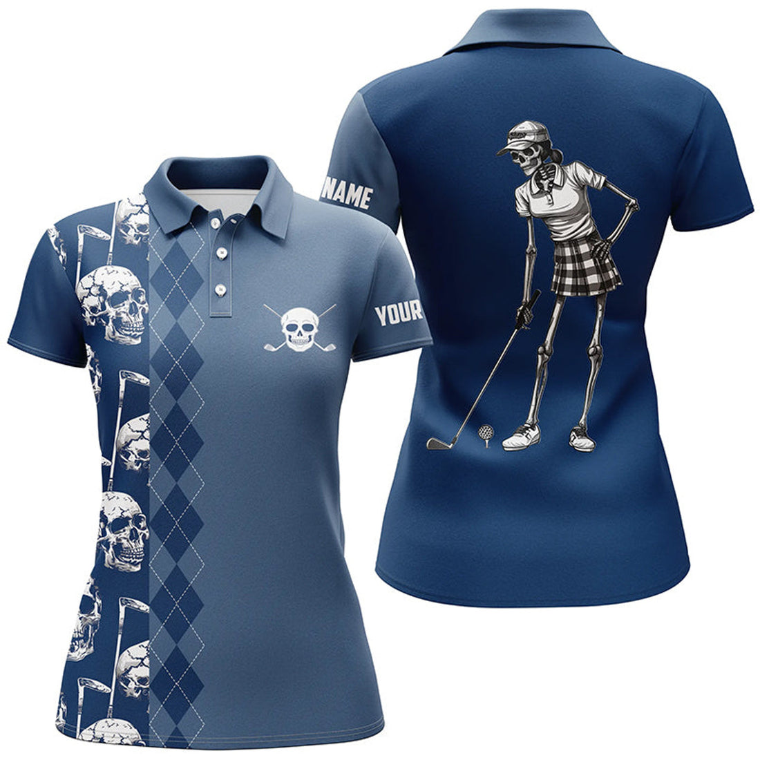 Custom Blue Navy Skull Argyle Pattern Custom Women Golf Polo Shirts, Women's Golf Tops