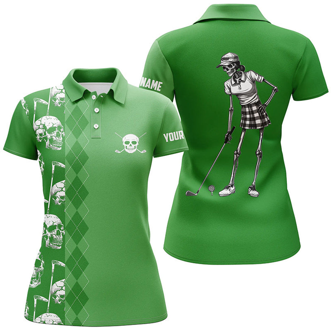 Custom Green Skull Argyle Pattern Custom Women Golf Polo Shirts, Women's Golf Tops