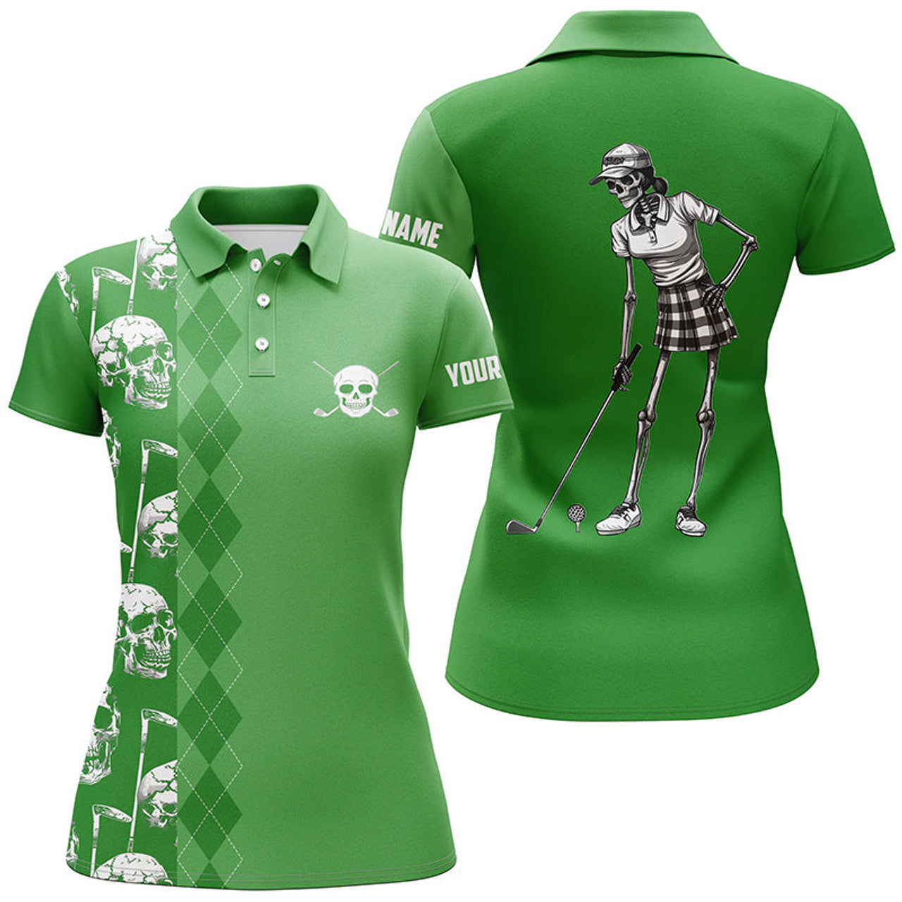 Custom Green Skull Argyle Pattern Custom Women Golf Polo Shirts, Women's Golf Tops